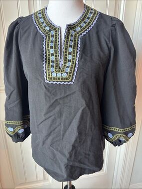 entro Black Long Sleeve Shirt with Olive and Light Blue Embroidery
